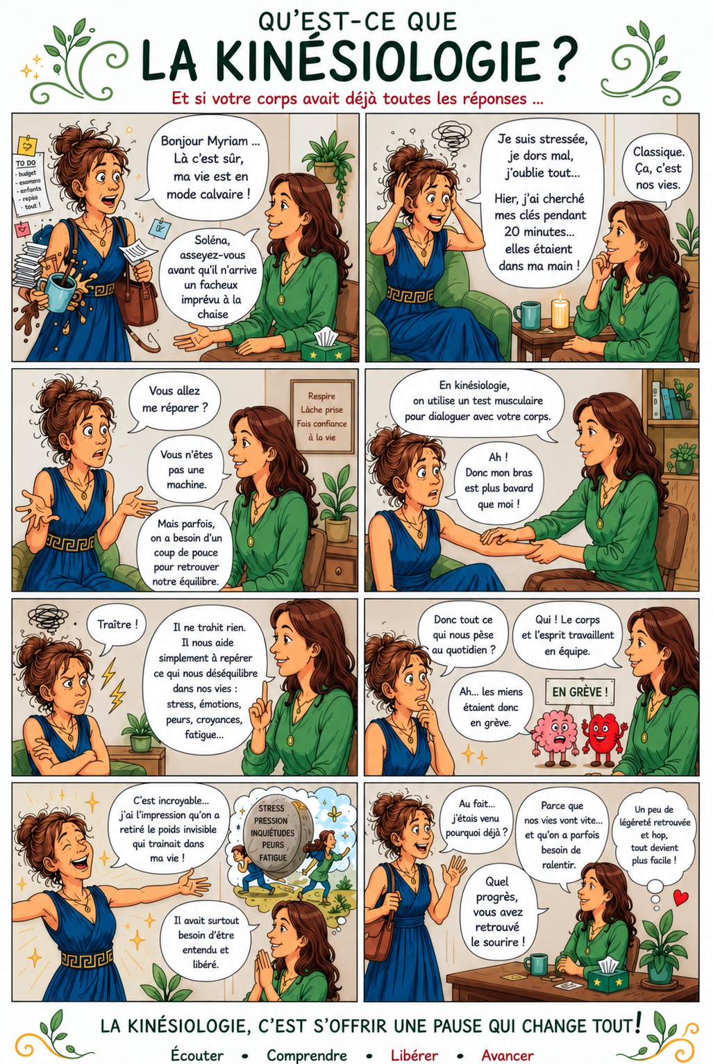 BD expliquant le déroulement d'une séance de kinésiologie