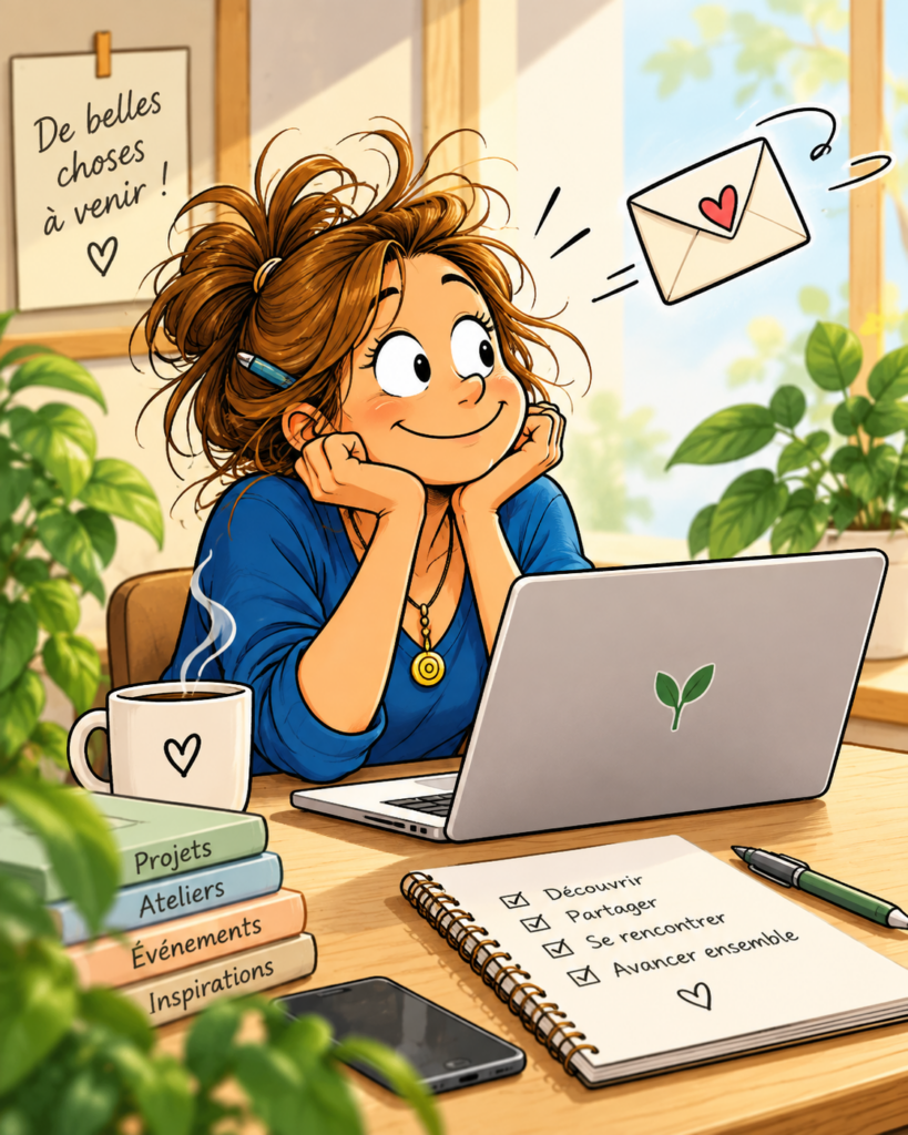 Soléna devant son ordinateur, prête à partager les actualités et nouveautés de Solantéa.